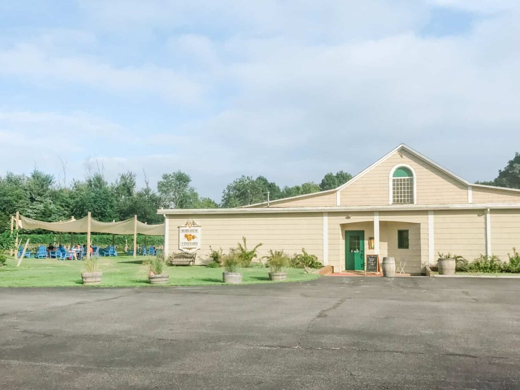 A beige building with a green door and a sign that reads "Borghese Vineyard," with vines and greenery in the foreground, and a blue seating area visible to the side.