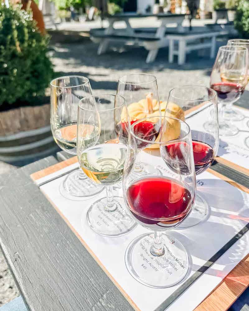 A close-up of a Lenz wine tasting setup with various glasses filled with red and white wines on a tasting mat, set on an outdoor table with a charming winery courtyard in the background.