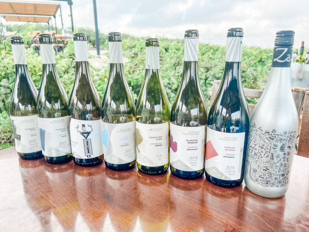 Lyrarakis Winery row of wine bottles on table