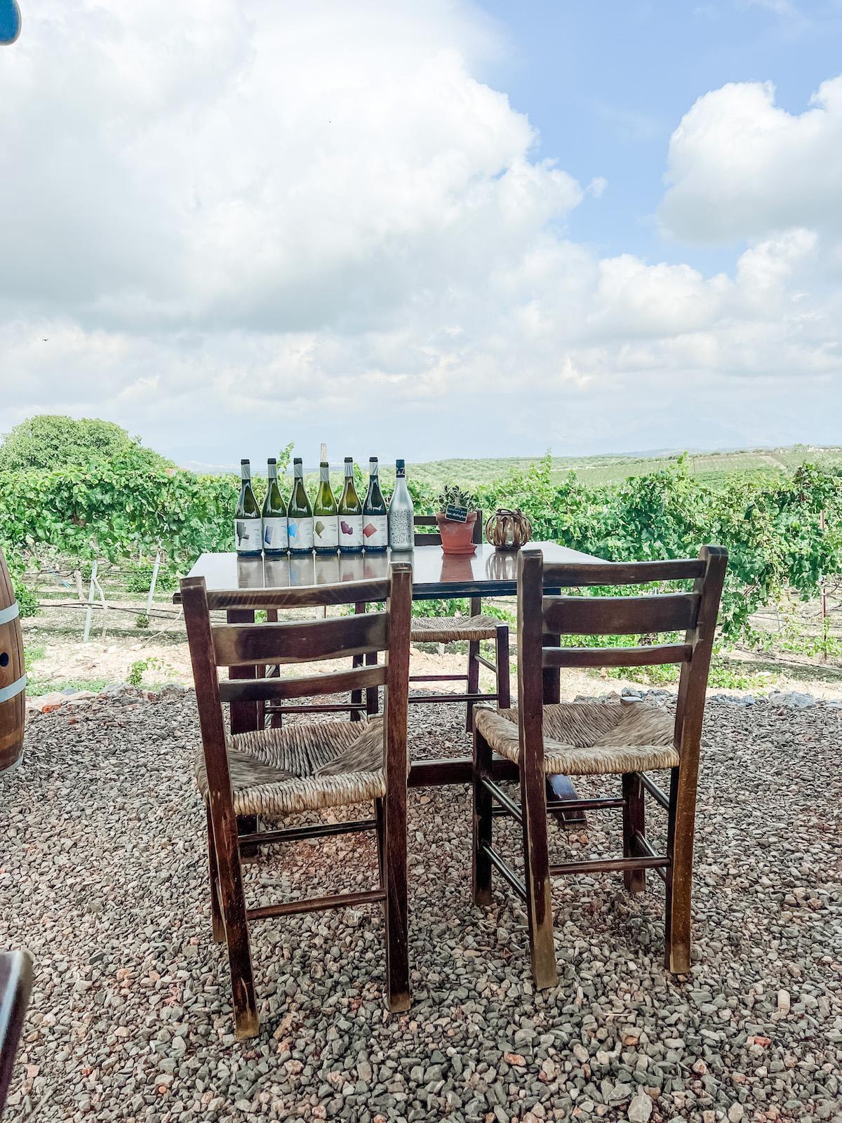Lyrarakis Winery wine tasting table on patio