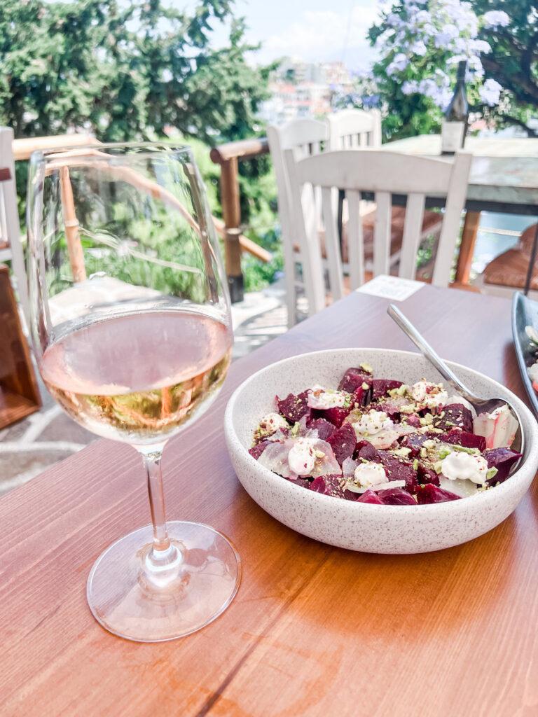Manousakis Winery pink wine with beet salad