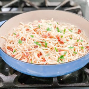 Carbonara pasta in pan on stove