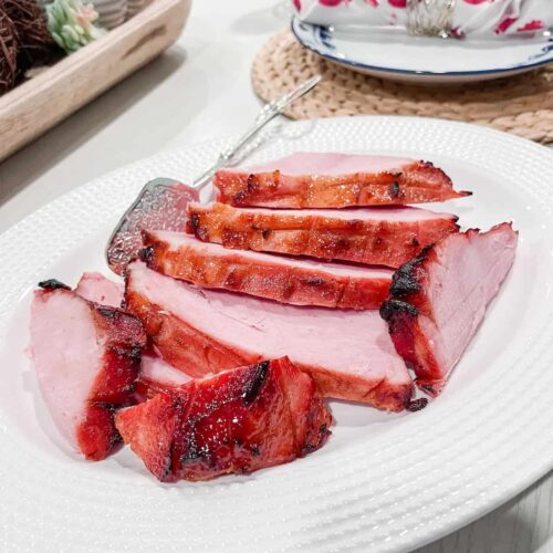 Honey Brown Sugar glazed ham on table