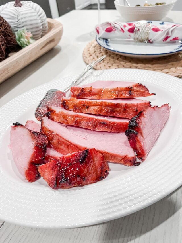 Honey Brown Sugar glazed ham on table