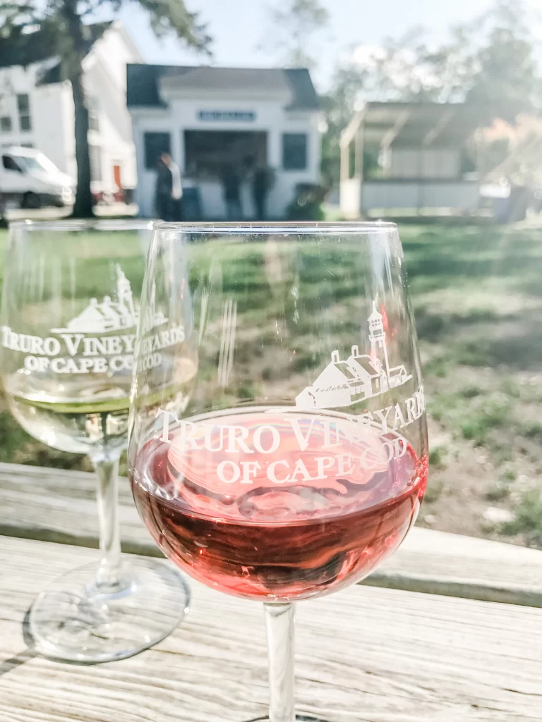 Truro Vineyards Cape Cod glass of rose wine and white wine