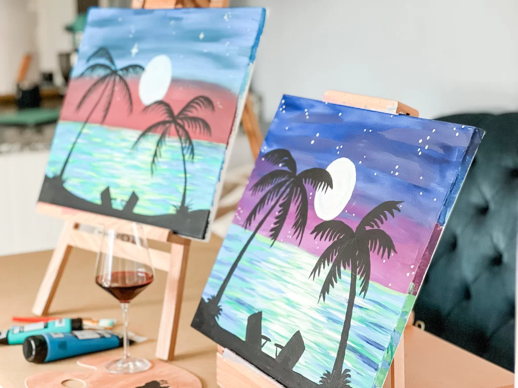 Two wine and painting party paintings