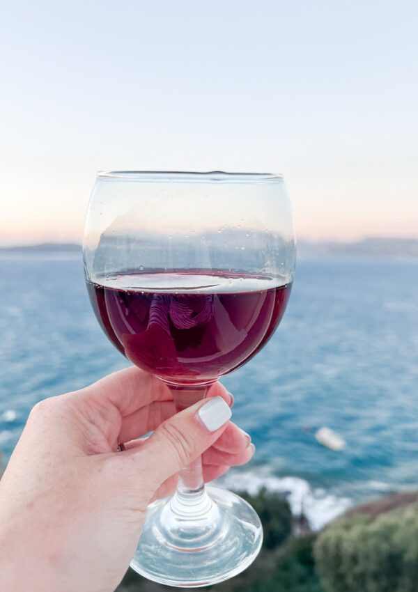 Inspirational wine quotes - hand holding glass of red wine with view of ocean in background
