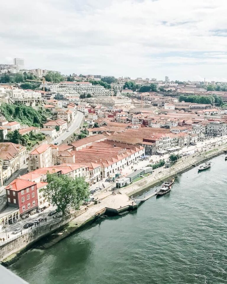View of Porto port houses in Vila Nova de Gaia, including Calem Cellars