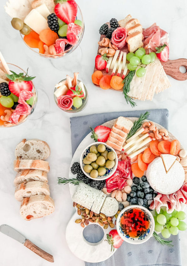 Small charcuterie board, charcuterie cups, and charcuterie jars