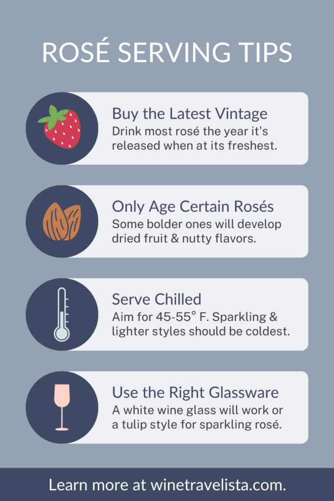 How to serve rose, including buying the latest vintage, only aging bolder versions, serving chilled, and using proper glassware