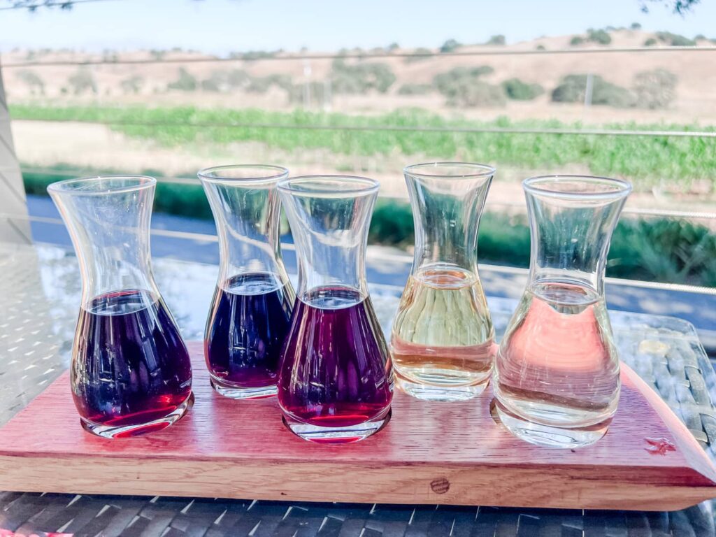 A flight of five wines presented in clear, tulip-shaped glasses on a wooden board, with the background featuring a vineyard landscape under a clear blue sky.