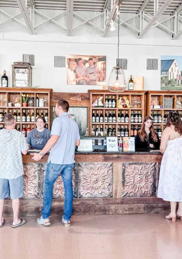 Visitors engaging with staff at a rustic wine tasting bar, decorated with wooden accents and vintage elements inside a winery.