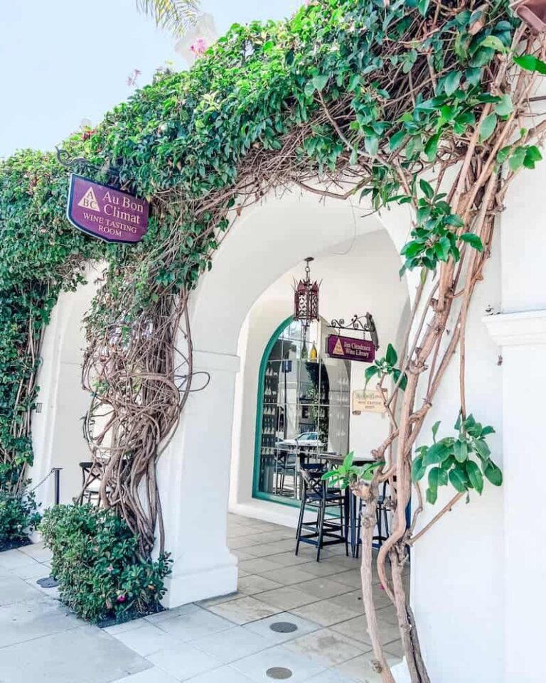 The vine-covered entrance of Au Bon Climat winery with a hanging sign for the wine tasting room and the Jim Clendenen wine library, inviting visitors into the arched doorway.