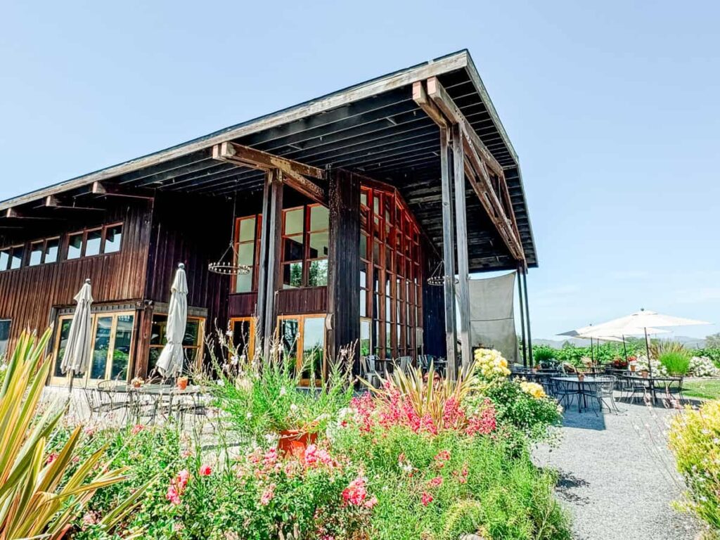 Mazzocco Winery’s rustic wooden tasting room surrounded by vibrant summer blooms and umbrella-shaded outdoor seating.