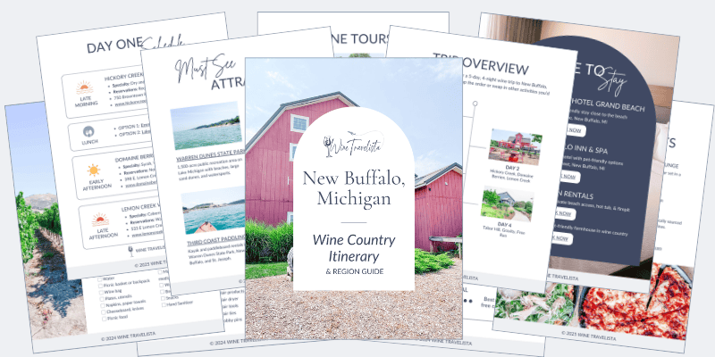 Overlapping pages of a New Buffalo, MI wine country itinerary.