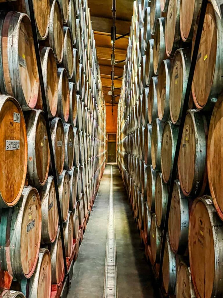 Long corridor inside Ridge Vineyards Lytton Springs barrel room, lined floor-to-ceiling with stacked wooden wine barrels on both sides under warm lighting.