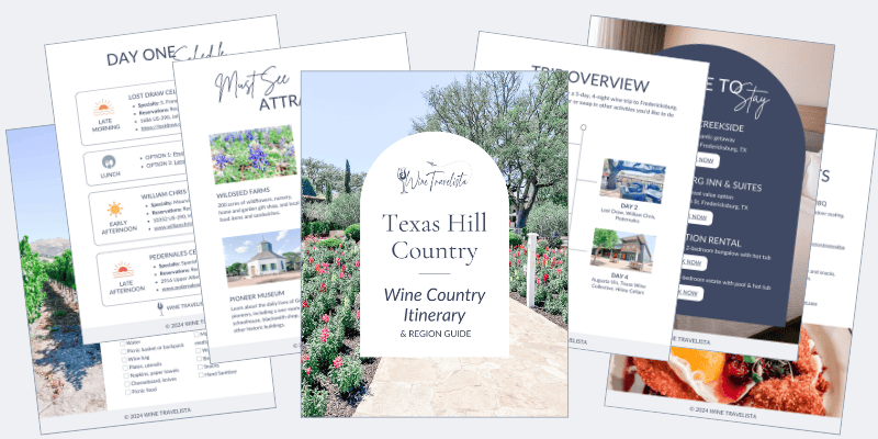 Overlapping pages of a Texas Hill Country wine country itinerary.