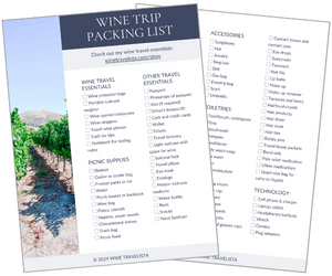 Graphic featuring a comprehensive wine trip packing list. The left side shows a picturesque vineyard, and the right side displays a three-column checklist. This includes items to ensure you'll be well-prepared for a wine country trip.