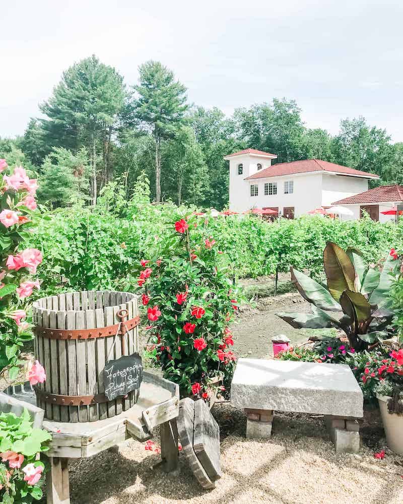 A charming garden nook at Fulchino Vineyard featuring a rustic wooden wine barrel used as a table, surrounded by red blooming flowers and green foliage. A stone bench and a 'Photography Spot' sign add to the quaint atmosphere.