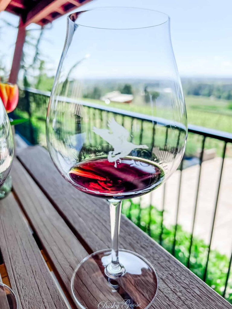 A glass of red wine with the Dusky Goose logo etched on it, set on a wooden table with a vineyard and scenic countryside visible in the background.