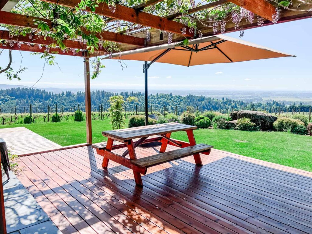 A wooden picnic table set under a pergola with purple wisteria flowers hanging above, overlooking lush green vineyards and a distant valley.