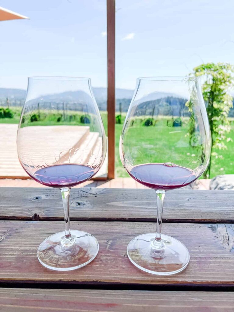 Two glasses of red wine on a wooden table outdoors, with a scenic view of rolling vineyards and hills in the background.