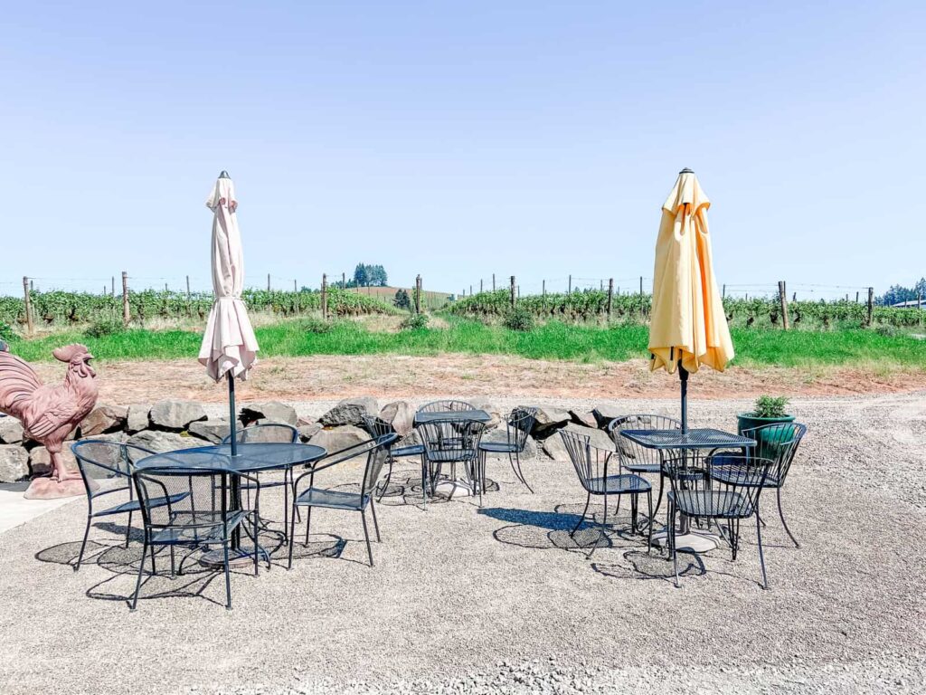 A patio with several black metal tables and chairs, shaded by closed umbrellas, set against a backdrop of green vineyards and a large rooster statue. The setting offers a relaxed outdoor space to enjoy the vineyard view on a bright, sunny day.