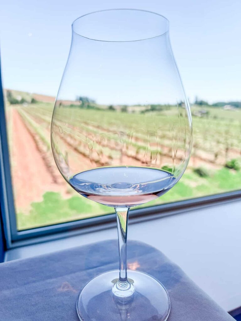 A close-up of an elegant wine glass with a small amount of rosé wine, positioned near a window overlooking rows of a sunlit vineyard. The view through the glass highlights the orderly grapevines and rolling hills in the distance.