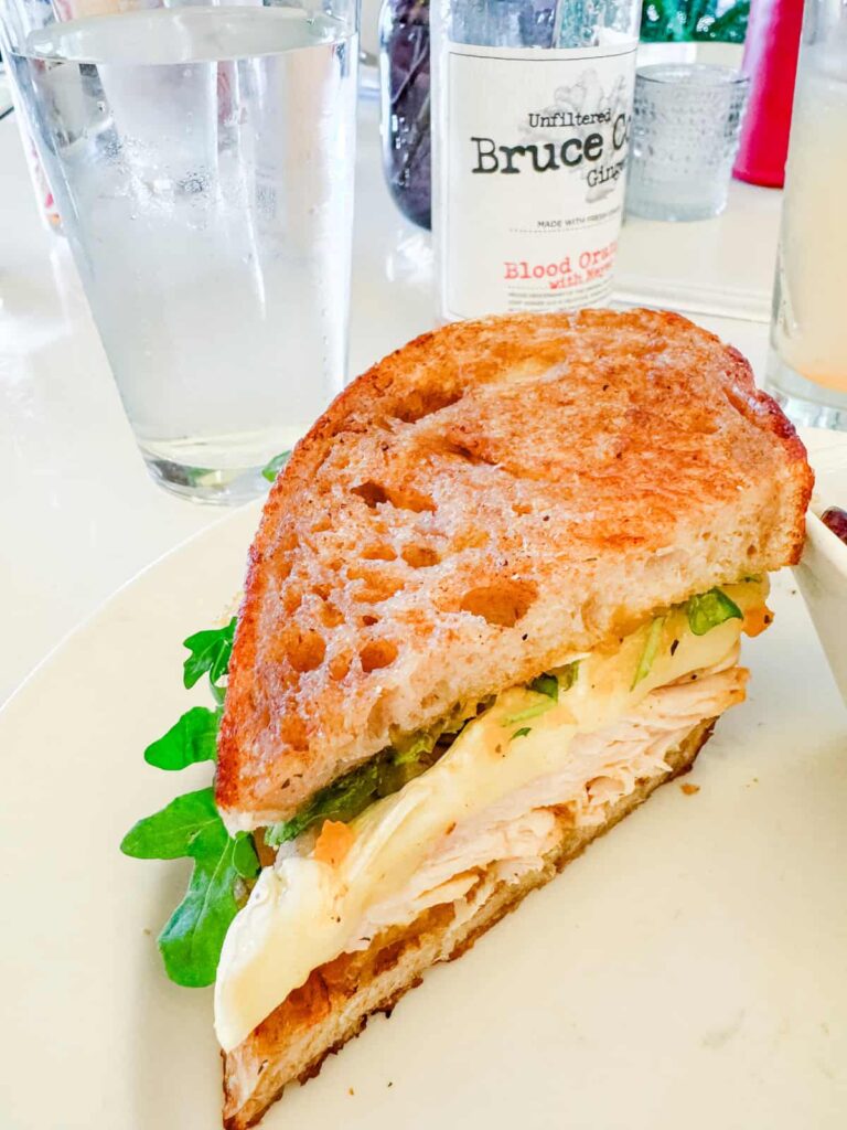 A close-up of a chicken sandwich with creamy brie and apricot chutney, served on toasted rustic bread, accompanied by a bottle of Blood Orange Ginger Ale and a glass of water.