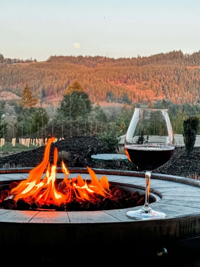 A glowing fire pit surrounded by a scenic view of rolling hills and forests in the background. A glass of red wine is placed on the edge of the fire pit, capturing the warm and relaxing ambiance.