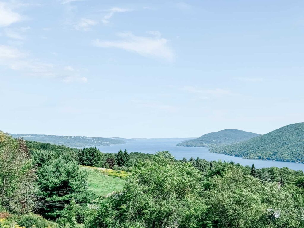 Scenic view of a lush green landscape with trees leading down to a Canandaigua Lake, framed by rolling hills under a clear blue sky.