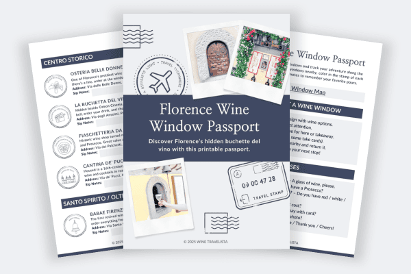 Graphic featuring a Florence wine window passport cover page and two additional pages. The left page shows a list of wine windows with themed passport-style stamps. The right page shows steps for how to use a wine window and helpful Italian phrases.
