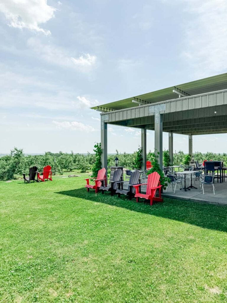 Covered outdoor seating area with Adirondack chairs and tables at Coteau Rougemont, surrounded by orchard rows under a partly cloudy sky.