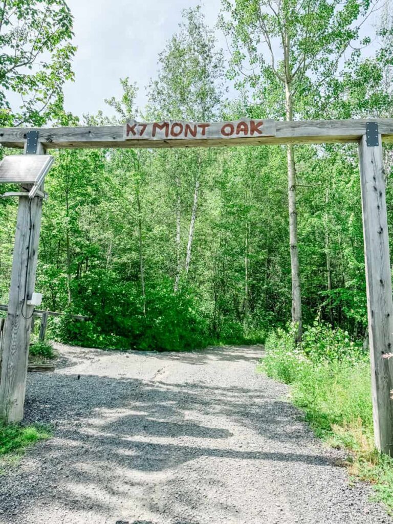 Wooden entrance arch labeled "K7 Mont Oak" marking a trailhead at Parc des Sommets, surrounded by dense green forest and gravel paths.