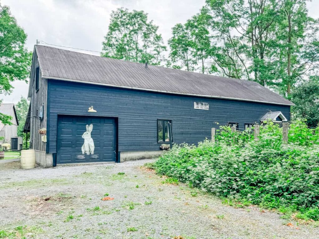 Dark-painted barn at Vignoble de l'Ardennais featuring a white rabbit mural on the garage door, surrounded by wild greenery and trees.
