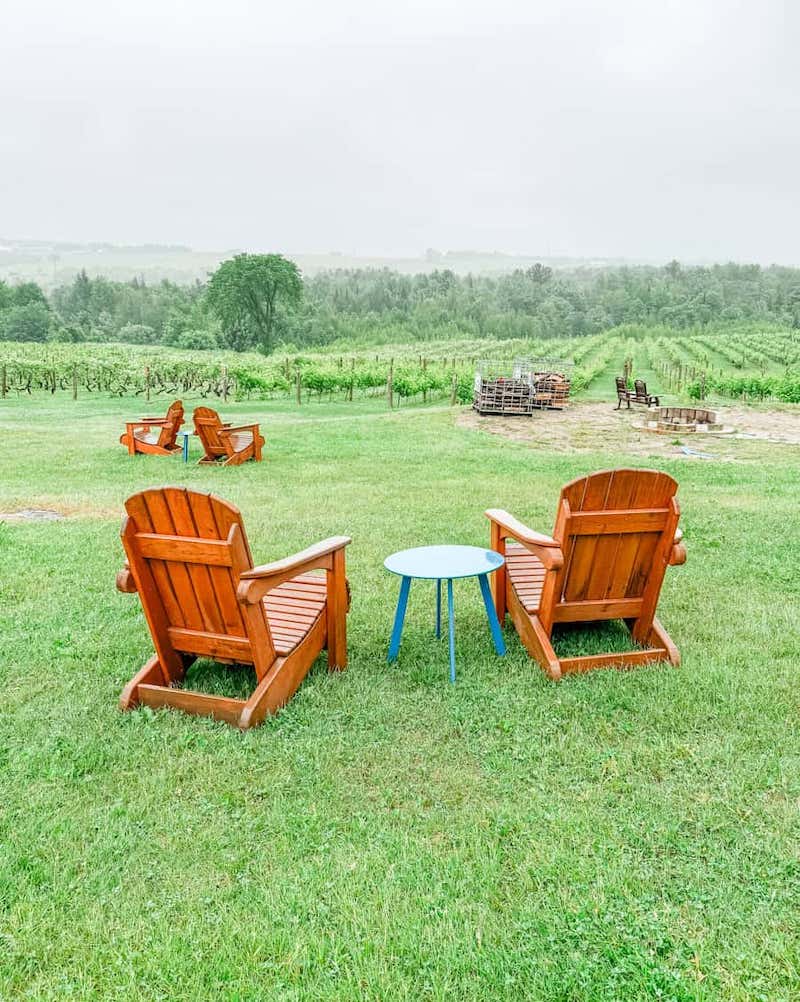 Two wooden Adirondack chairs with a small round table overlooking rows of grapevines and rolling hills in Southern Quebec.