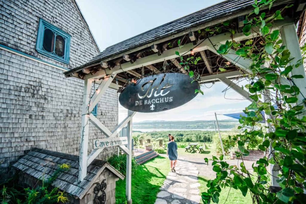 The entrance sign for Vignoble de l’Isle de Bacchus hangs from a wooden archway, with a scenic view of the vineyard and river in the background.
