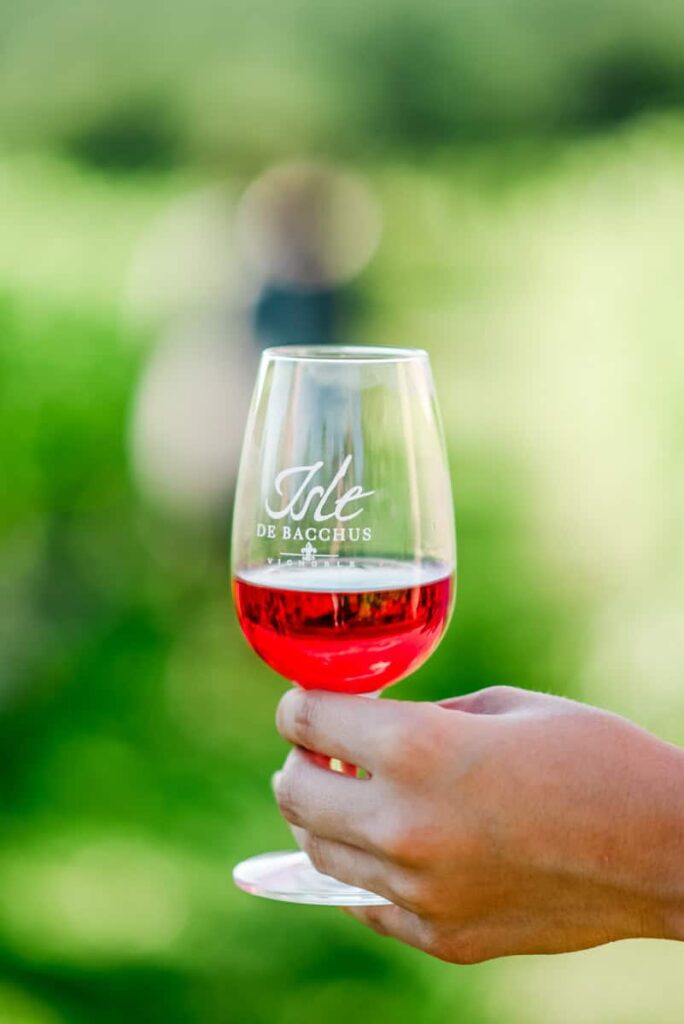 A hand holds a glass of rosé wine with the Vignoble de l’Isle de Bacchus logo, set against a soft-focus green vineyard background.