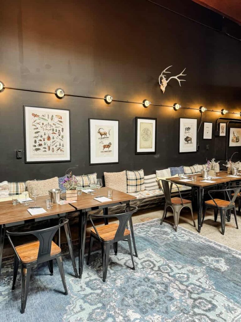 Cozy wine-themed interior of Idlewild with black walls decorated with framed botanical illustrations and vintage whimsical artwork, warm ambient lighting, and casual seating with cushions.