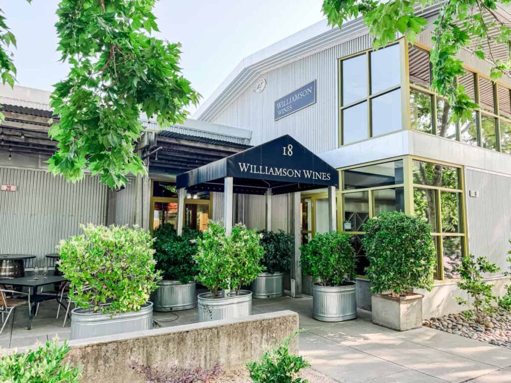 Modern entrance to Williamson Wines with large potted green bushes, a black canopy with "Williamson Wines" sign, and sleek building architecture reflected by surrounding trees and windows.