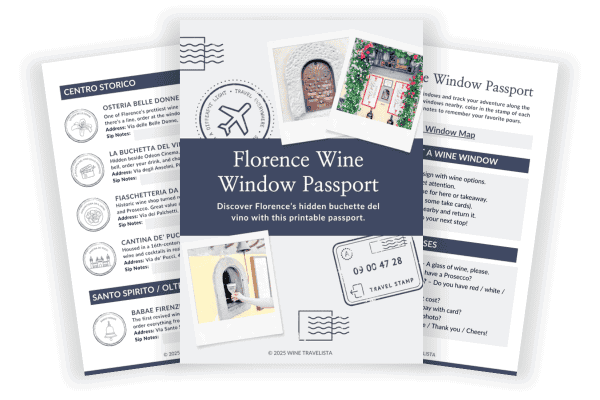 Graphic featuring a Florence wine window passport cover page and two additional pages. The left page shows a list of wine windows with themed passport-style stamps. The right page shows steps for how to use a wine window and helpful Italian phrases.