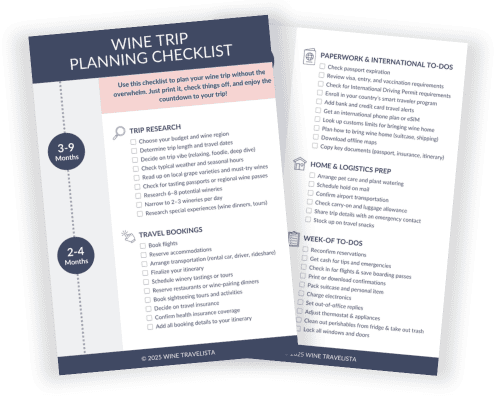 Wine-trip-planning-checklist-2023.jpg.Graphic featuring a wine trip planning checklist. The left side shows a timeline of when steps should be completed, and the right side displays a checklist.
