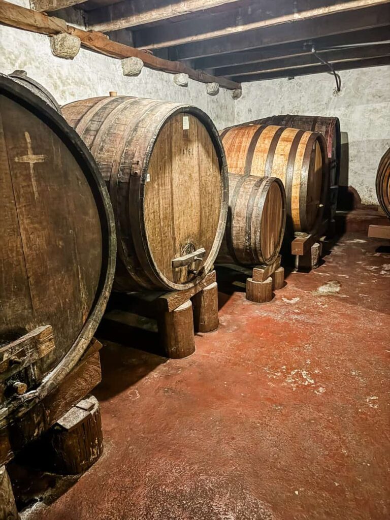 Large wooden barrels aging wine inside the cellar at Miloš Winery in Croatia.