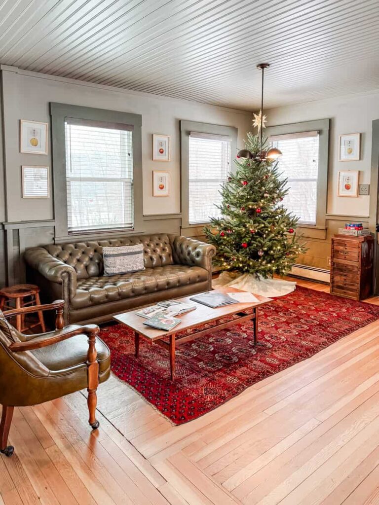 Inviting lounge at Seminary Hill Boarding House with a leather sofa, red rug, Christmas tree, and natural light from multiple windows.