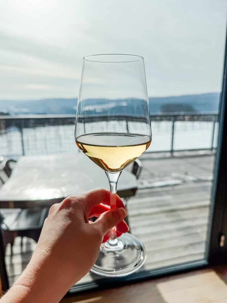 Hand holding a glass of pale cider in front of a snowy orchard with mountains in the background, viewed from the cidery’s tasting room.