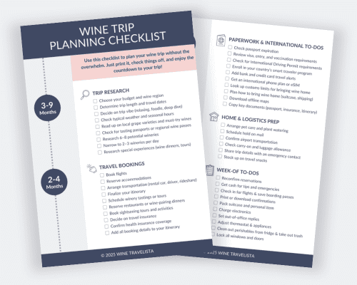 Graphic featuring a wine trip planning checklist. The left side shows a timeline of when steps should be completed, and the right side displays a checklist.