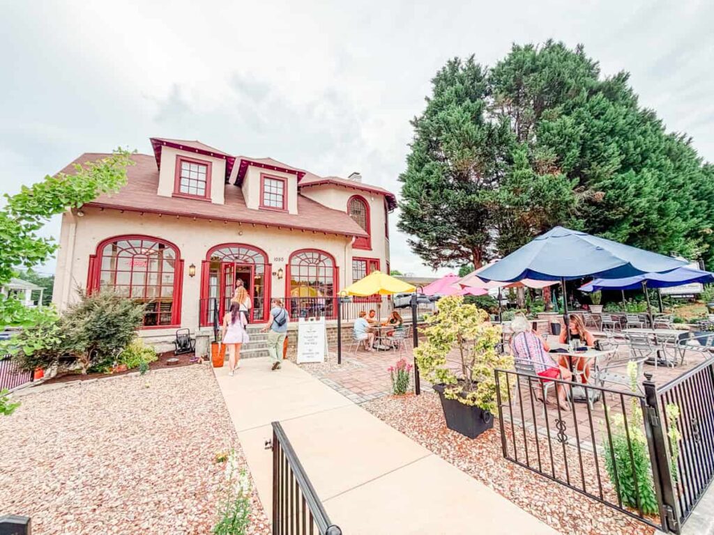 Patio seating with colorful umbrellas outside King Cropp Kitchen in Danville, Virginia.